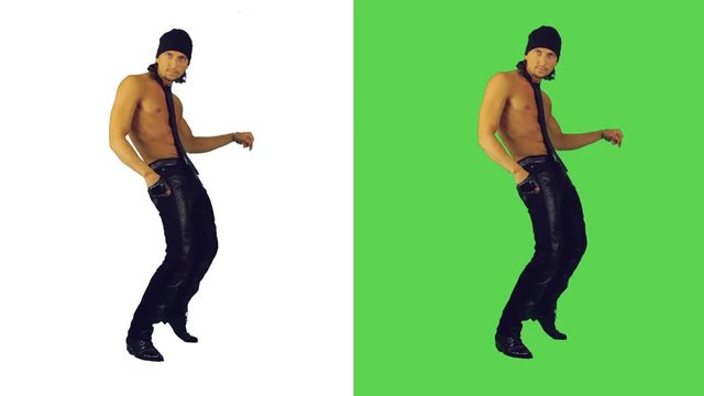 man dancing rhythmical movement (movement have motive to call, directed at the viewer).

The white background to evaluate the picture, green for ease of separation of the object from the background.