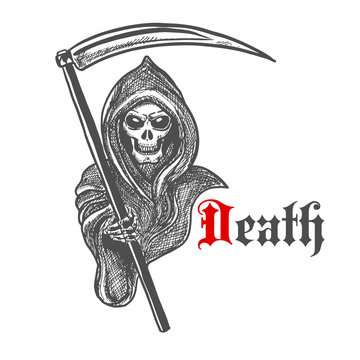 Spooky grim reaper with scythe, sketch style