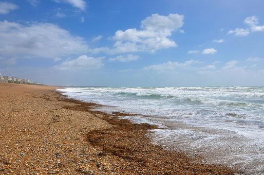 Pebble beach in Brighton on a windy day