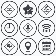 Baby on board icons. Infant caution signs.