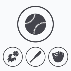 Baseball icons. Ball with glove and bat symbols.