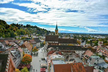 A scenery of Ravensburg town, town with lots of towers, in the southern of Germany with cloudy blue sky. - obrazy, fototapety, plakaty