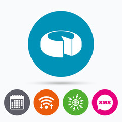 Cheese wheel sign icon. Sliced cheese.