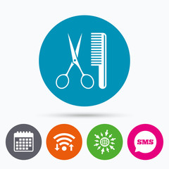 Comb hair with scissors sign icon. Barber symbol