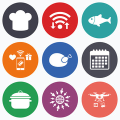 Chief hat, cooking pan icons. Fish and chicken.