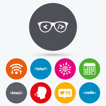 Programmer coder glasses. HTML markup language.