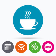 Coffee cup sign icon. Hot coffee button.