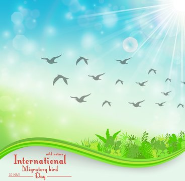 Birds migratory day background with foliage and space for text