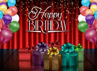 Birthday background of party with color balloons and gift boxes on curtain background