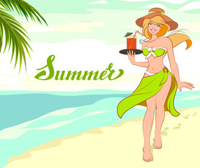 Girl with cocktail on beach. Summer vacation beach holidays