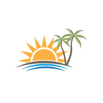 Sunset Tropical Beach Logo. Vector graphic design