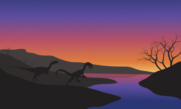 Megapnosaurus in riverbank scenery silhouette