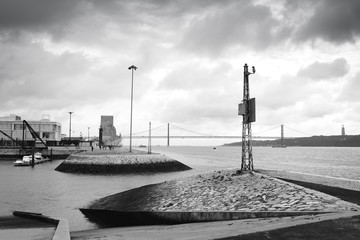 Embankment of the River Tagus in black and white. Lisbon. Portugal