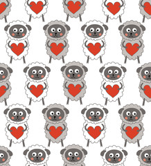 Sheeps with hearts. Vector seamless pattern