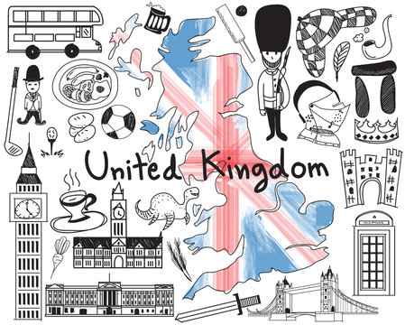 Update version - Travel to United kingdom England and Scotland doodle drawing icon with culture, costume, landmark and cuisine tourism concept in isolated background, create by vector 