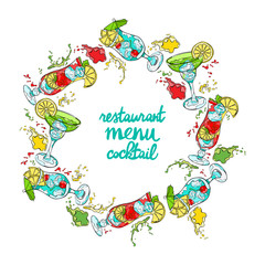 Cocktail. Refreshing drink. Splashes and drops. Isolated vector object on white background. Frame - wreath.