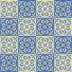 Hand drawing seamless pattern for tile in blue and yellow colors.