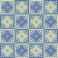 Hand drawing seamless pattern for tile in blue and yellow colors.