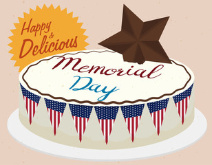 Delicious Memorial Day Cake with Giant Chocolate Star, Vector Illustration