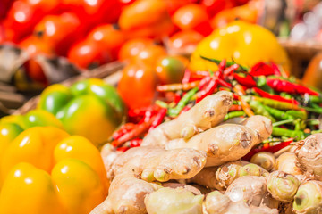 Galangal and vegetable in basket.