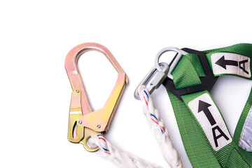 Closeup fall protection harness and lanyard for work at heights
