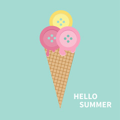 Ice cream with buttons. Hello summer Greeting card Flat design Blue background