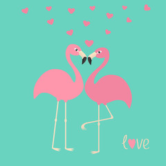 Obraz premium Pink flamingo couple and hearts. Exotic tropical bird. Zoo animal collection. Cute cartoon character. Love greeting card. Decoration element. Flat design. Blue background. Isolated.
