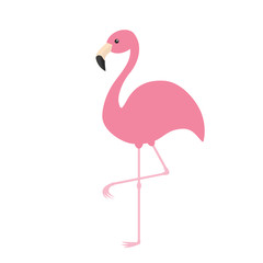 Pink flamingo. Exotic tropical bird. Zoo animal collection. Cute cartoon character. Decoration element. Flat design. White background. Isolated. - obrazy, fototapety, plakaty