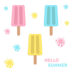 Ice cream icon set with blots splashes. White background. Isolated. Hello summer. Greeting card. Flat design.