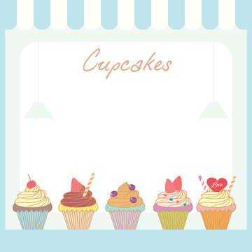 Illustration vector of cupcakes menu template design in cafe shop with space for your message.Sweet pastel colors.Blue border
