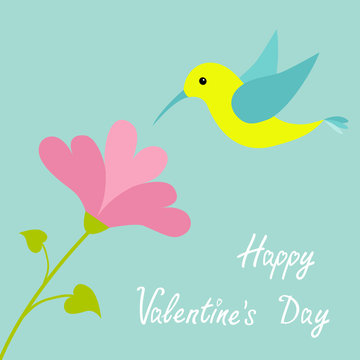 Flying colibri bird and heart flower. Cute cartoon character. Hummingbird. Isolated Blue background. Baby kids illustration collection. Happy Valentines Day Greeting card.  Flat design.