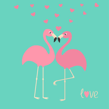 Pink flamingo couple and hearts. Exotic tropical bird. Zoo animal collection. Cute cartoon character. Love greeting card. Decoration element. Flat design. Blue background. Isolated.