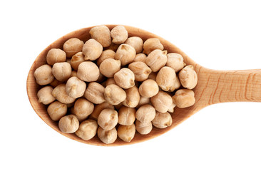 Wooden spoon with chickpeas isolated on white background.