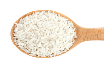 Wooden spoon with rice isolated on white background.