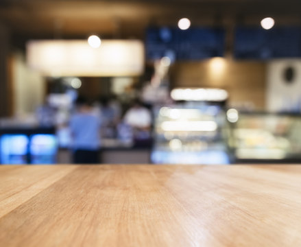 Table top Counter with Blurred People Restaurant Shop Background