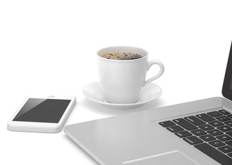 Laptop smartphone and coffee cup on white. 3d rendering.