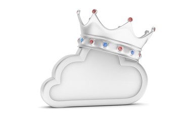 Isolated chrome cloud icon with crown and gems on white background. Symbol of communication, network and technology. Broadband. Online database. 3D rendering.