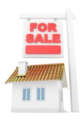 Isolated model of house with for sale sign on white background. Good investment in real estate. Buy new apartment. 3D rendering.