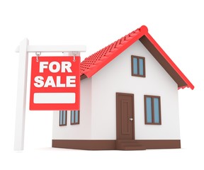 Miniature model of house real estate for sale on white background. 3D rendering.