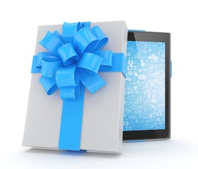 Tablet in white gift box with blue bow and ribbons on white. 3D rendering.
