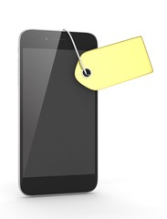 Smart phone with golden price tag on white background. Identification, price, label. Luxury and expensive offer. 3D rendering.