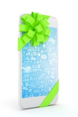 White phone with green bow and blue screen. 3D rendering.