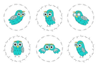 Set owl vector birds isolated on white background.