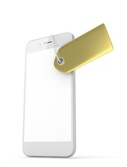 White smart phone with golden price tag on white background. Identification, price, label. Luxury and expensive offer. 3D rendering.