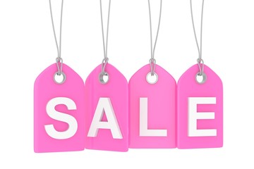 Pink isolated sale labels on white background. Price tags. Special offer and promotion. Store discount. Shopping time. 3D rendering.