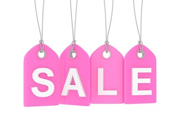 Pink isolated sale labels on white background. Price tags. Special offer and promotion. Store discount. Shopping time. 3D rendering.