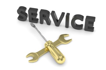 gold screwdriver and wrench tools on white background. service concept. 3D Rendering.