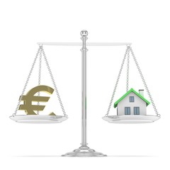 Isolated silver scales with golden euro and house on white background. Investment or savings concept. Real estate and currency. 3D rendering.