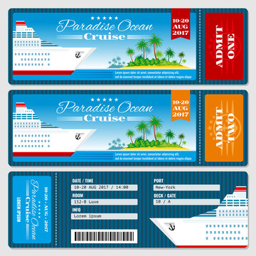 Cruise ship boarding pass ticket. Honeymoon wedding cruise invitation vector template. Travel ticket to sea or ocean cruise ship