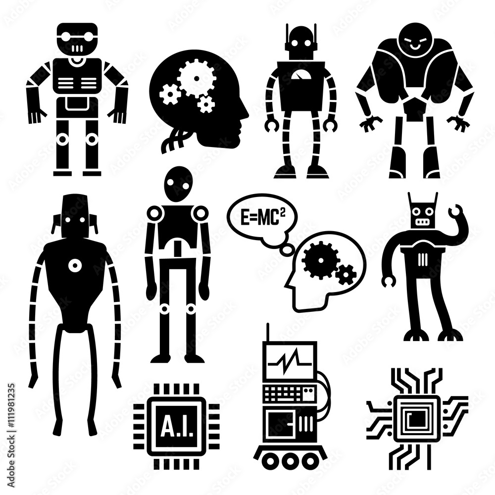 Poster robots and cyborgs, androids and artificial intelligence vector icons. machine cyborgs with artifici